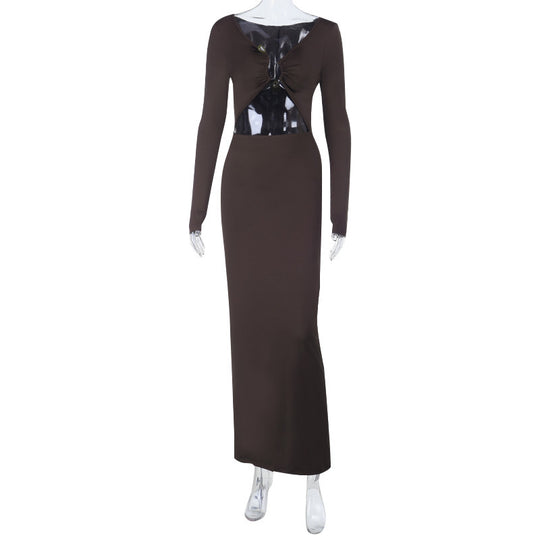 Damen elegantes langes Kleid mit Raffung und tiefem V-Ausschnitt EB