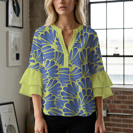 Damen elegantes Blusenshirt mit voluminösen Rüsenärmeln und grafischem Blumendesign EB
