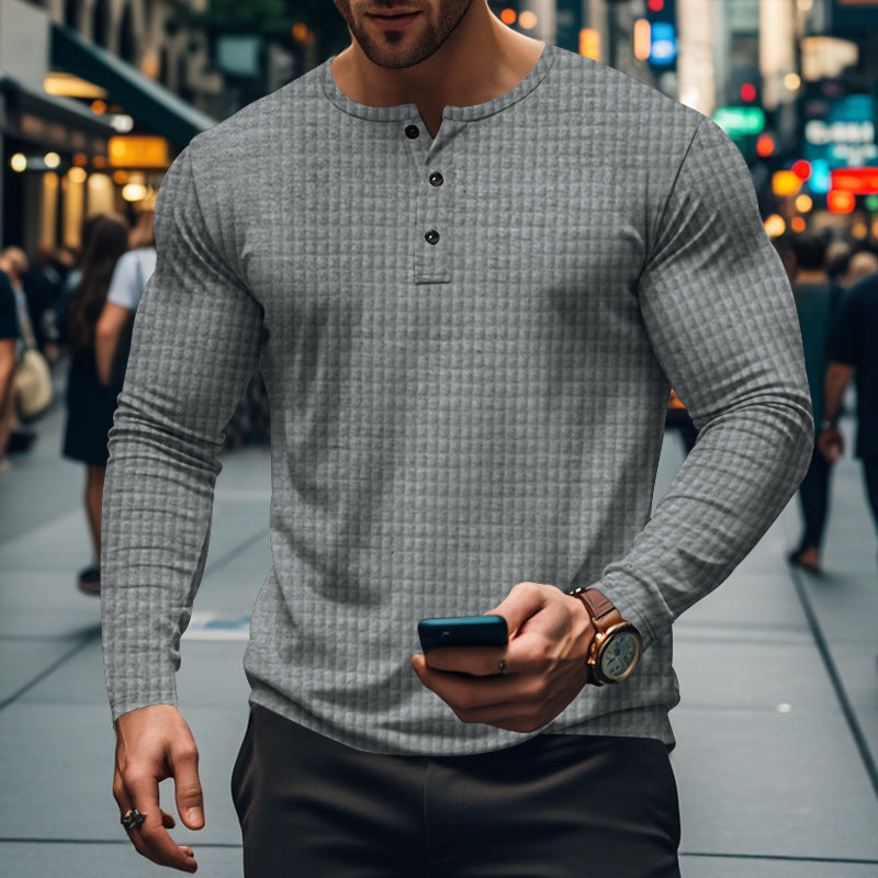 Herren nan figurbetontes Langarmshirt mit Rundhals-Knopfleiste und Waffelstruktur EB