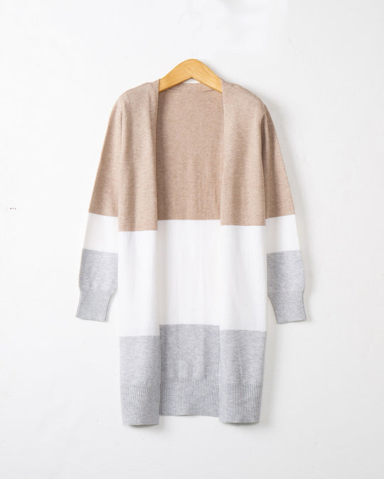 Damen lässige Strickjacke mit modernem Blockstreifenmuster und offenen Fronten EB