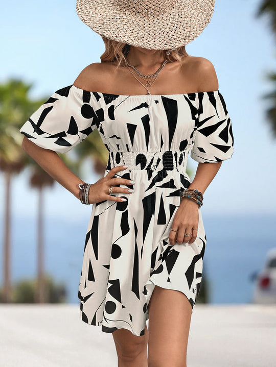 Damen Off-Shoulder Kleid mit elastischem Bund und grafischem Muster EB
