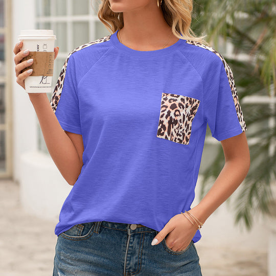 Damen lässiges T-Shirt mit modischem Tierdruck und praktischem Brusttaschen-Design EB