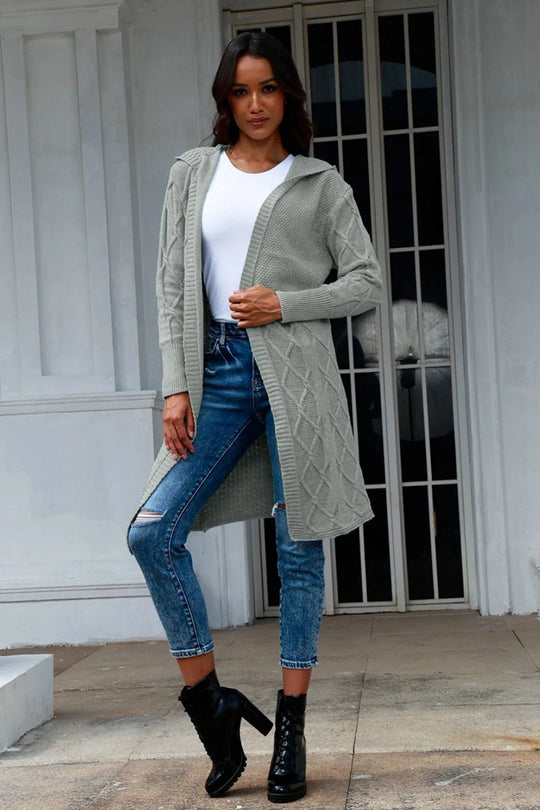 Damen Strickjacke mit Kapuze und stilvollem Zopfdesign EB