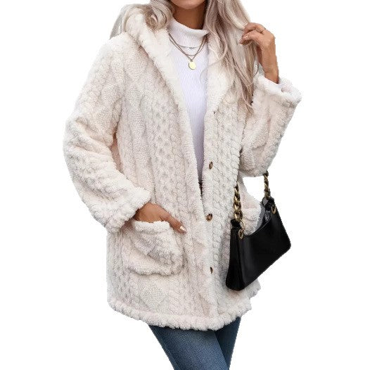 Damen angenehme und weiche Plüschjacke mit Kapuze und Taschen EB