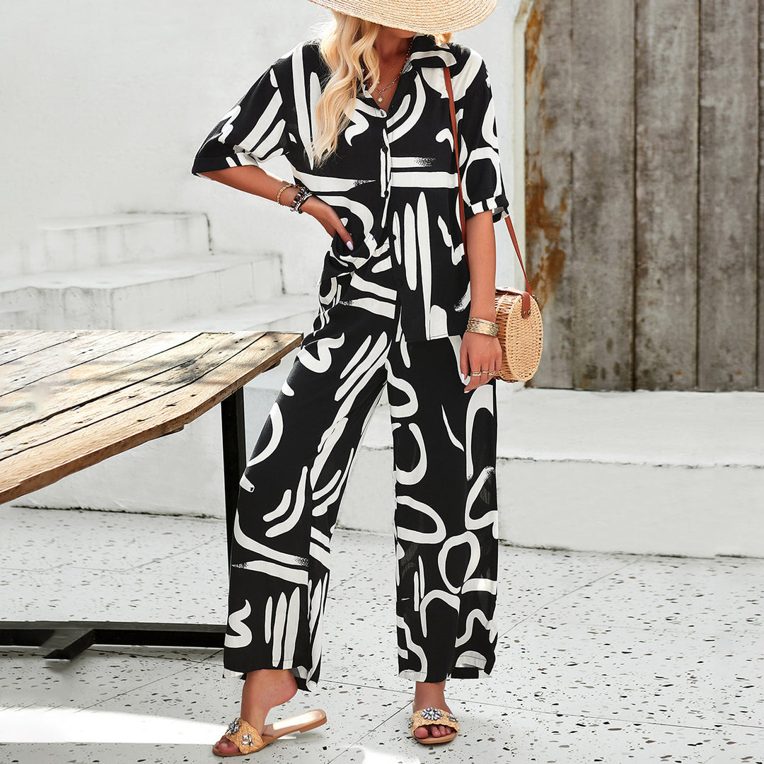 Damen luftiges Zweiteiliges Ensemble mit floralem Muster und weiten Hosen EB
