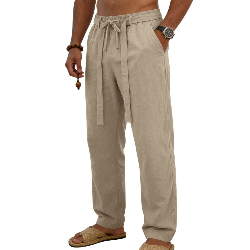 Herren nan leichte Leinen-Loungehose mit elastischem Tunnelzug, dekorativer Bundfalte und geradem Bein EB