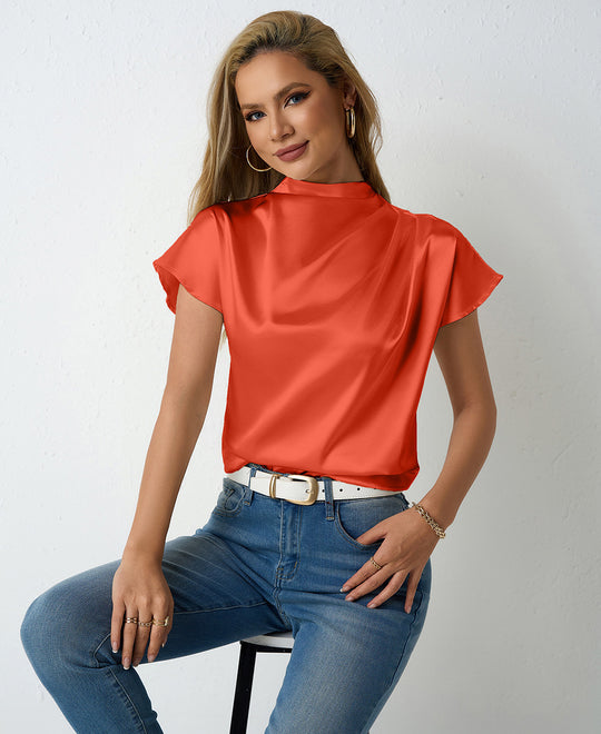 Damen elegante Satin Bluse mit Stehkragen EB