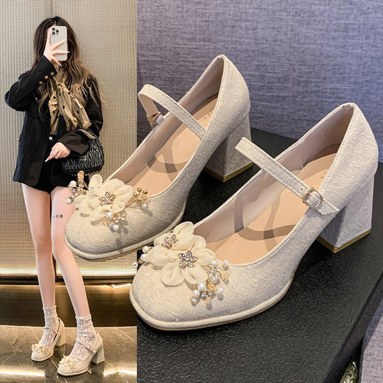 Damen elegante Mary Jane Pumps mit Blumendetails EB