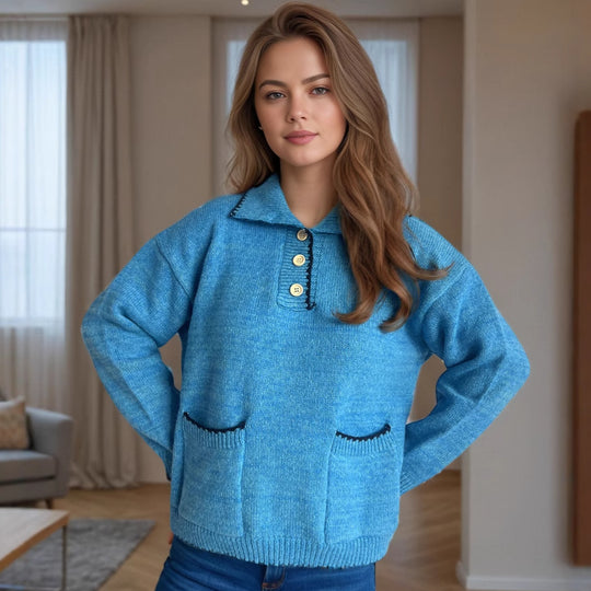 Damen Pullover mit kontrastierendem Kragen und dekorativen Knöpfen EB
