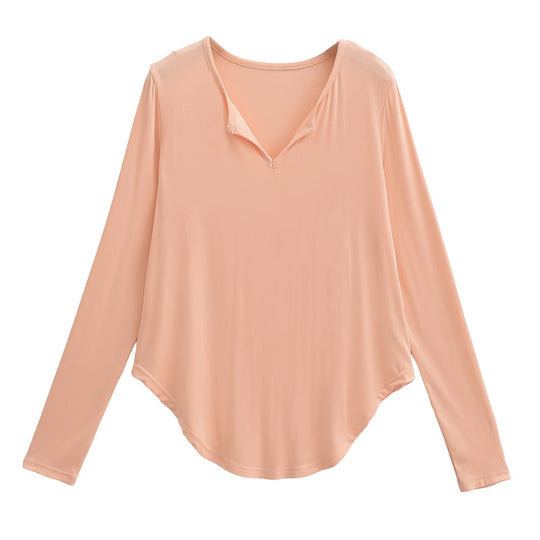Damen lässiges Longsleeve-Oberteil mit V-Ausschnitt und geschwungenem Saum EB