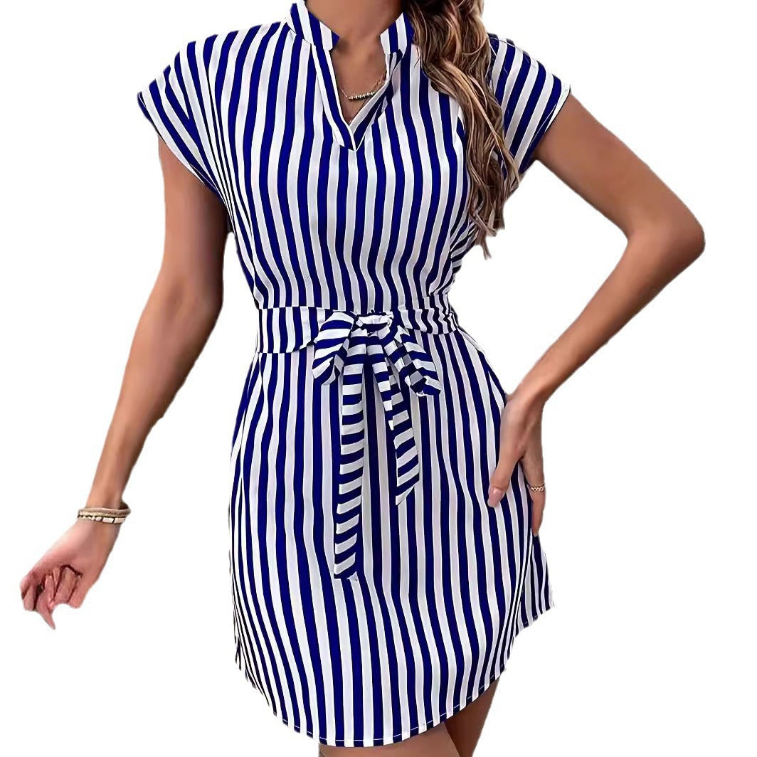 Damen Kurzarm Hemdkleid mit schmalem Taillengürtel EB