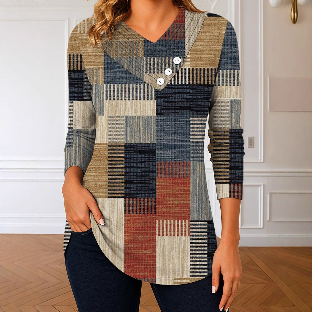 Damen Langarm-Tunika mit asymmetrischem V-Ausschnitt, Zierknopfleiste und kariertem Patchworkmuster EB