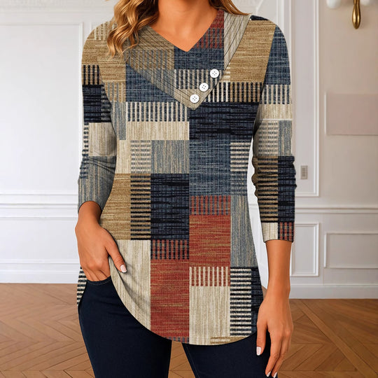 Damen Langarm-Tunika mit asymmetrischem V-Ausschnitt, Zierknopfleiste und kariertem Patchworkmuster EB