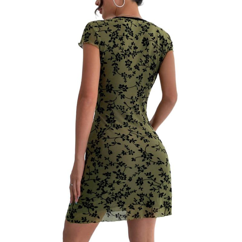 Damen Kurzarmkleid mit floralem Muster und tiefem V-Ausschnitt EB