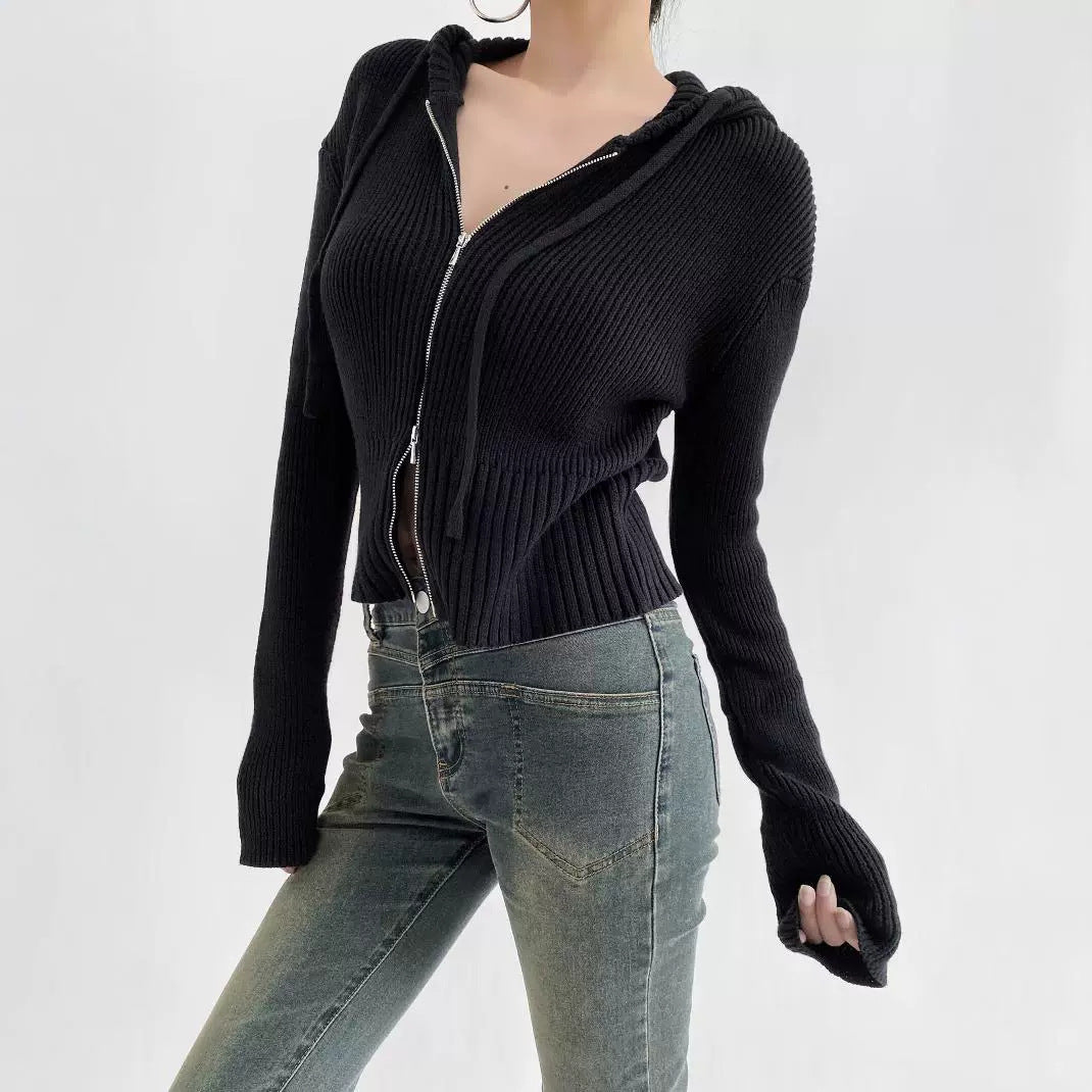 Damen lässiger Strickzipper mit Kapuze EB