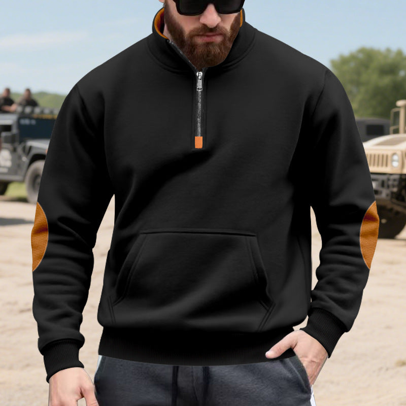 Herren nan Halbzip-Sweatshirt mit Stehkragen, Kängurutasche und kontrastierenden Ellbogenpatches EB