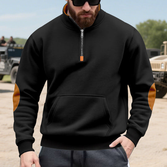 Herren nan Halbzip-Sweatshirt mit Stehkragen, Kängurutasche und kontrastierenden Ellbogenpatches EB