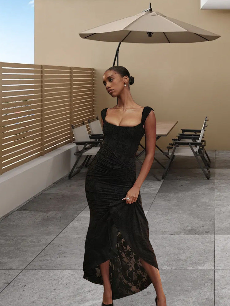 Damen Elegantes Maxikleid mit raffiniertem Raffungseffekt und Spitzenakzenten EB