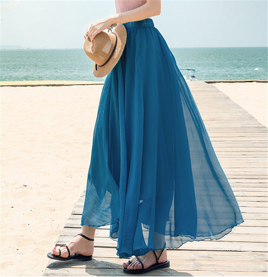 Damen nan fließender Maxirock aus Chiffon mit elastischem Bund und mehrlagigem Volant EB