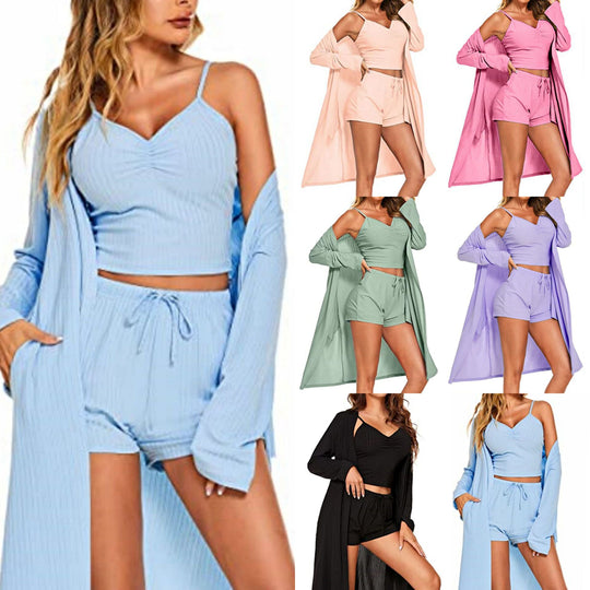 Damen nan dreiteiliges Lounge-Set mit langem Kimono, geripptem Spaghettiträger-Croptop und elastischen Kordel-Shorts EB