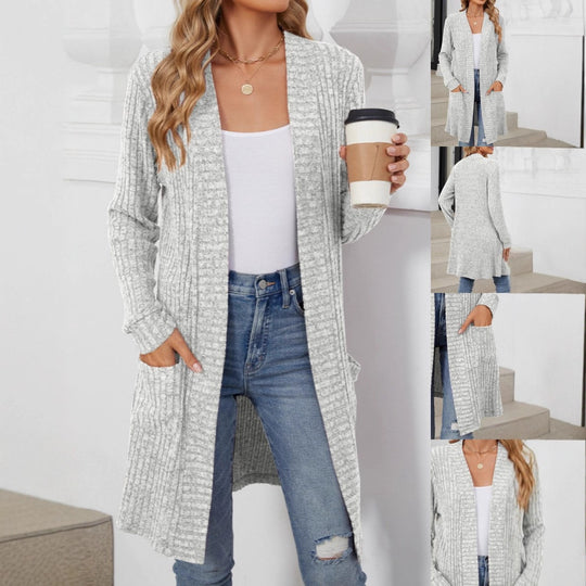 Damen Longcardigan aus geripptem Chenille mit aufgesetzten Taschen EB