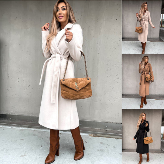 Damen eleganter langärmeliger Wollmantel mit Taillengürtel EB