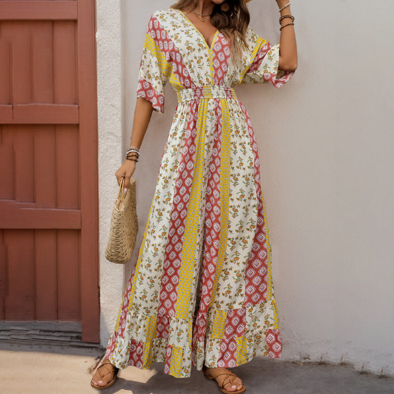 Damen Maxi-Jumpsuit mit floralen Mustern und voluminösen Ärmeln EB