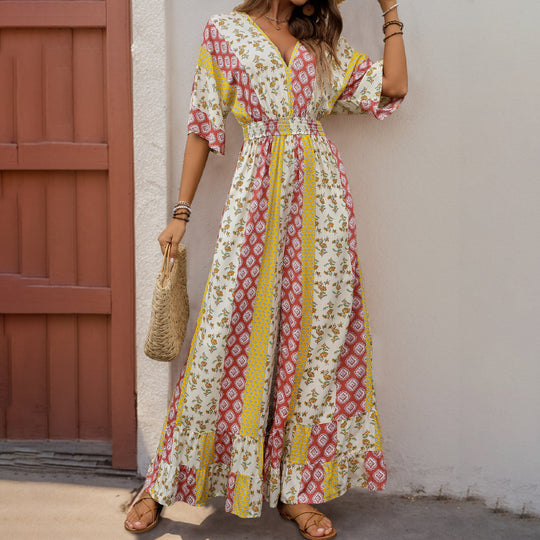 Damen Maxi-Jumpsuit mit floralen Mustern und voluminösen Ärmeln EB