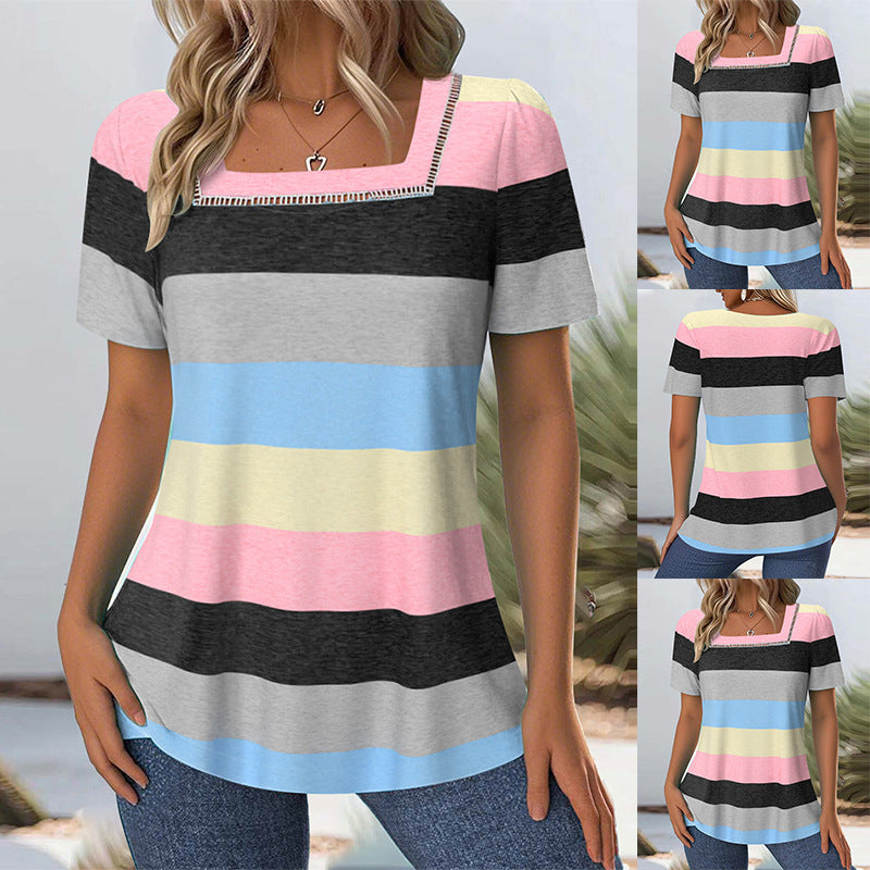 Damen T-Shirt mit modernem Streifenmuster und dekorativem Rundhalsausschnitt Heidi-Mode