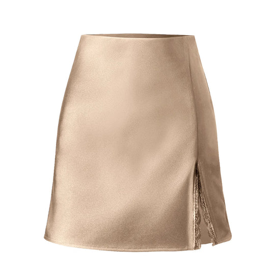 Damen Satin-Rock mit seitlichem Schlitz und Spitzenakzenten EB