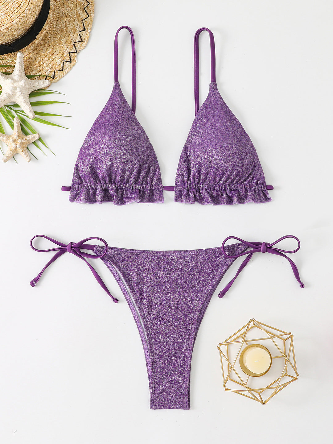 Damen Bikini-Set mit glitzernden Rüschendetails und verstellbaren Trägern EB