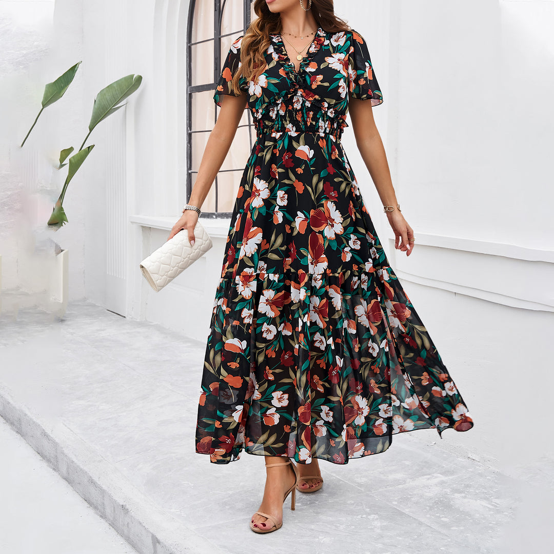 Damen Midi-Kleid mit floraler Raffung und elegantem V-Ausschnitt EB