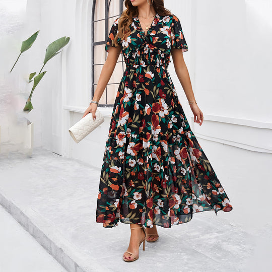 Damen Midi-Kleid mit floraler Raffung und elegantem V-Ausschnitt EB