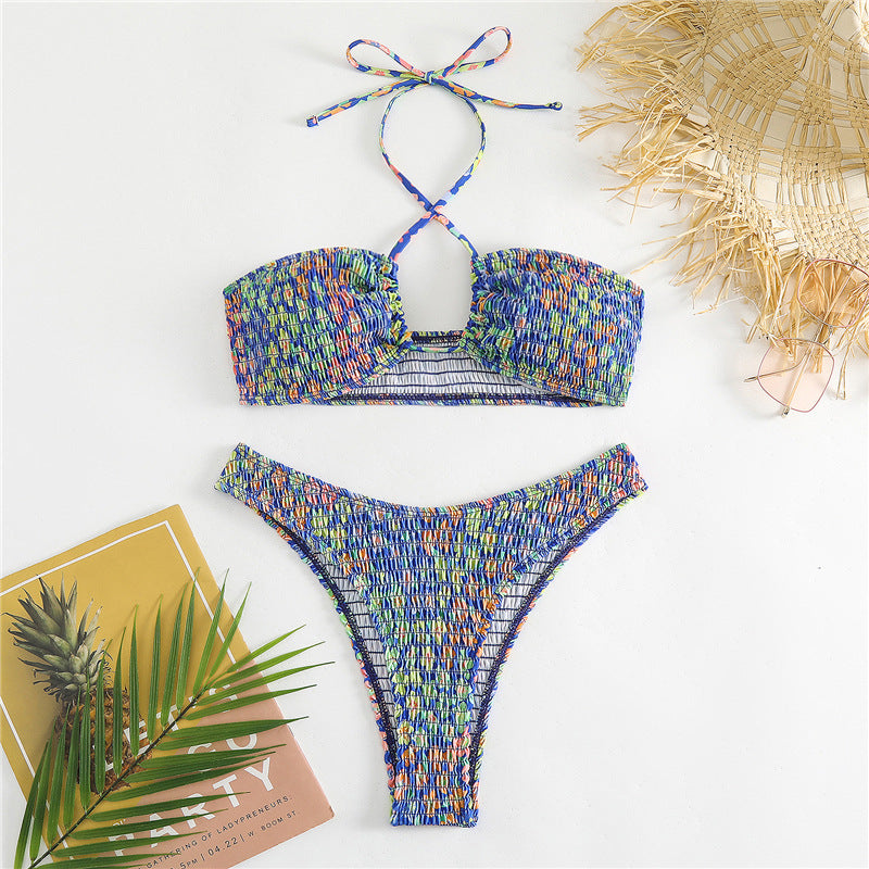 Damen Bandeau-Bikini mit verspieltem Wickeldetail und buntem Design EB