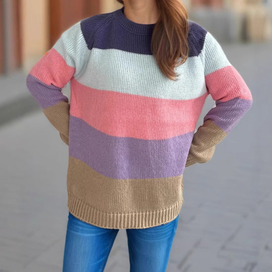 Damen lässiger Strickpullover mit bunten Blockstreifen und weitem Schnitt EB