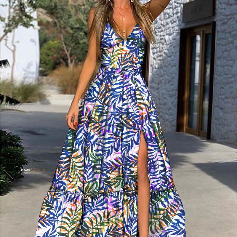 Damen Maxikleid mit tropischem Druck und voluminösem Rock EB