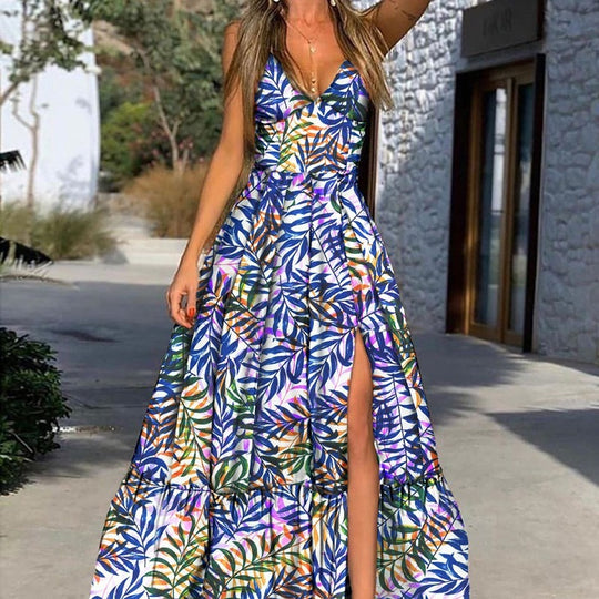 Damen Maxikleid mit tropischem Druck und voluminösem Rock EB