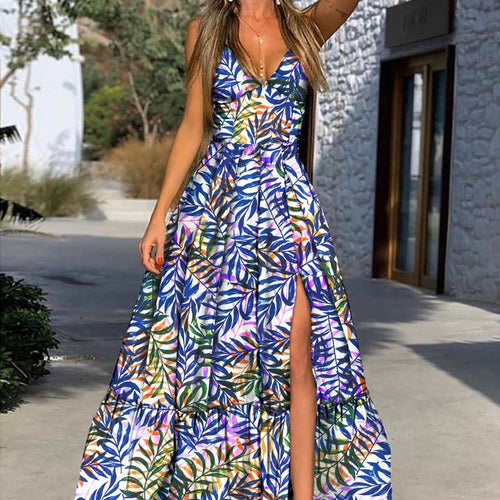 Damen Maxikleid mit tropischem Druck und voluminösem Rock EB