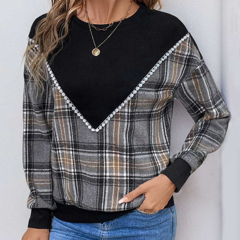 Damen bequemer Karopullover mit dekorativem V-Ausschnitt und elastischen Bündchen EB