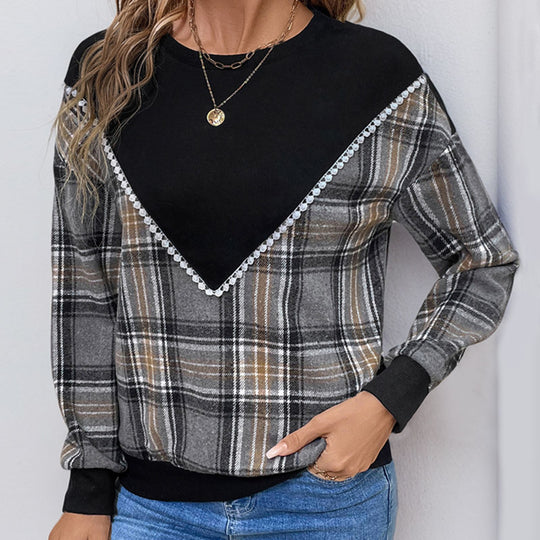 Damen bequemer Karopullover mit dekorativem V-Ausschnitt und elastischen Bündchen EB