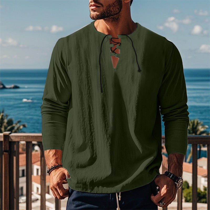 Herren modisches Langarmshirt mit Schnürung und V-Ausschnitt EB