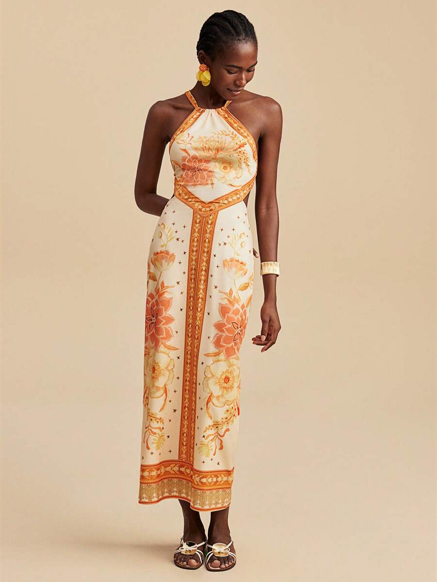 Damen Maxikleid mit exklusivem Halterdesign und floralem Druck EB