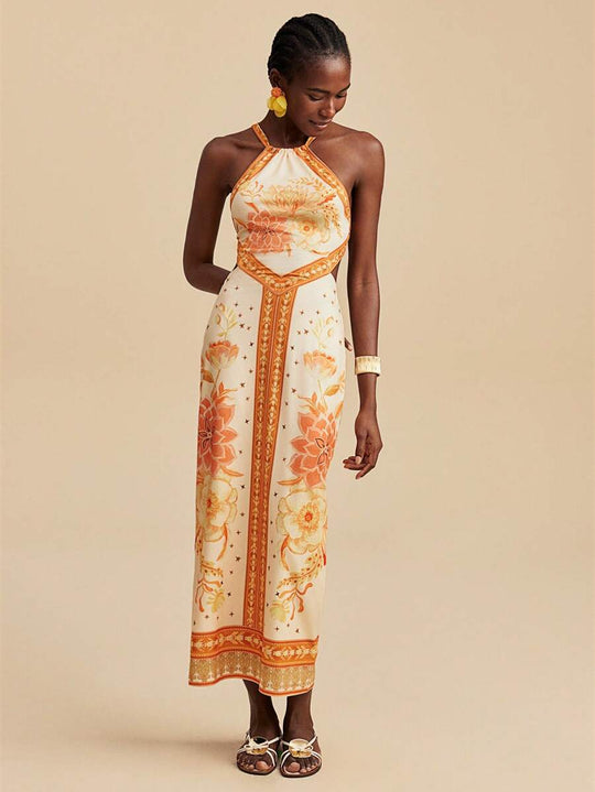 Damen Maxikleid mit exklusivem Halterdesign und floralem Druck EB