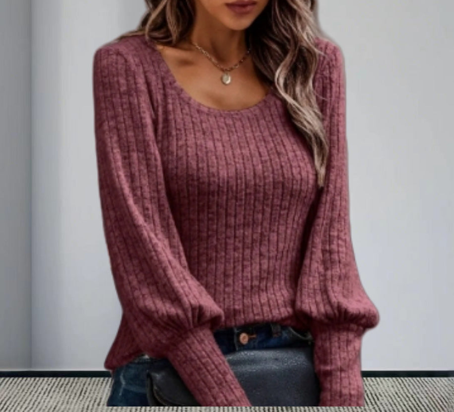 Damen Strickpullover mit Ballonärmeln und feinem Rippmuster EB