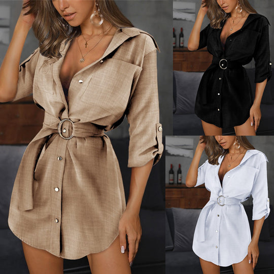 Damen Gürteldes Hemd Kleid mit Knopfleiste EB