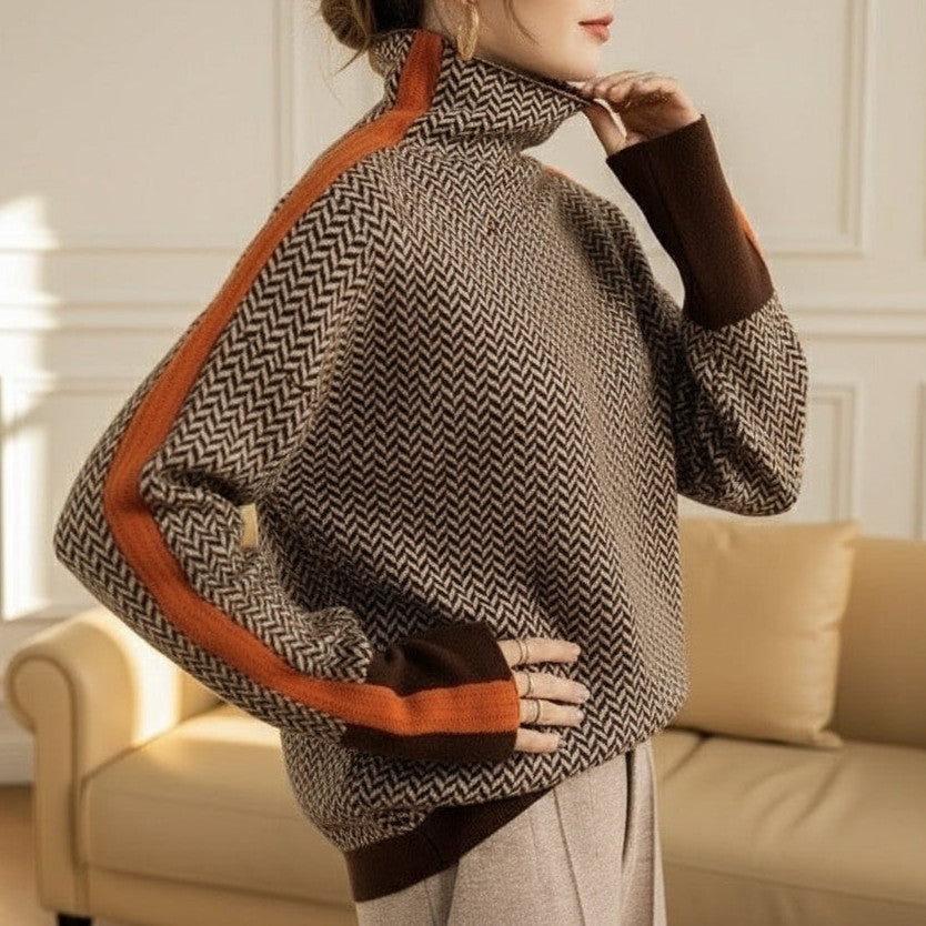Damen Feinstrickpullover mit geometrischem Jacquardmuster, Stehkragen und Kontrastband EB