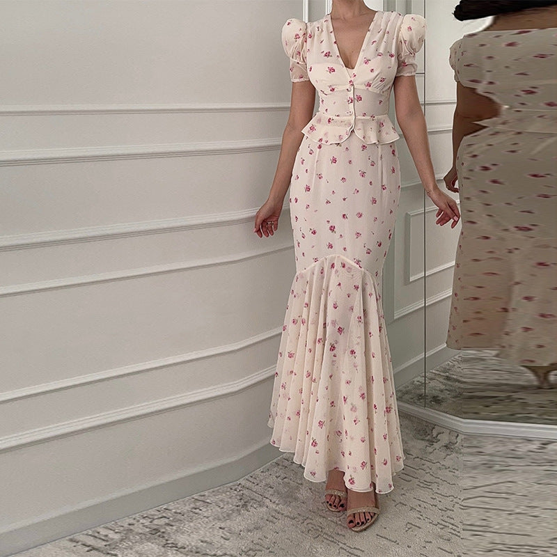 Damen Elegantes Maxikleid mit Puffärmeln und Rüschen EB