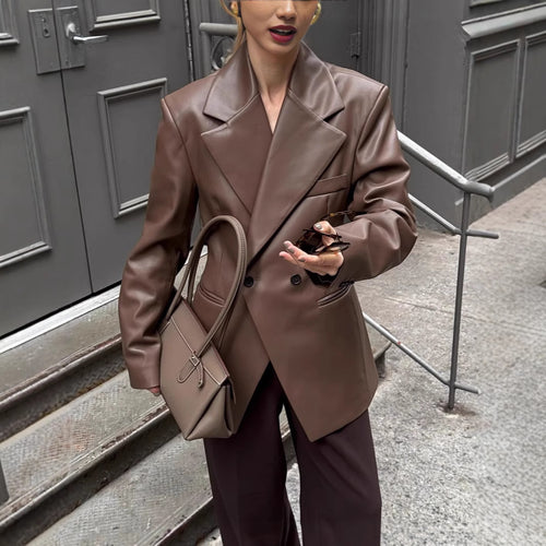 Damen stilvolle Kunstlederblazerjacke mit oversized Schnitt EB