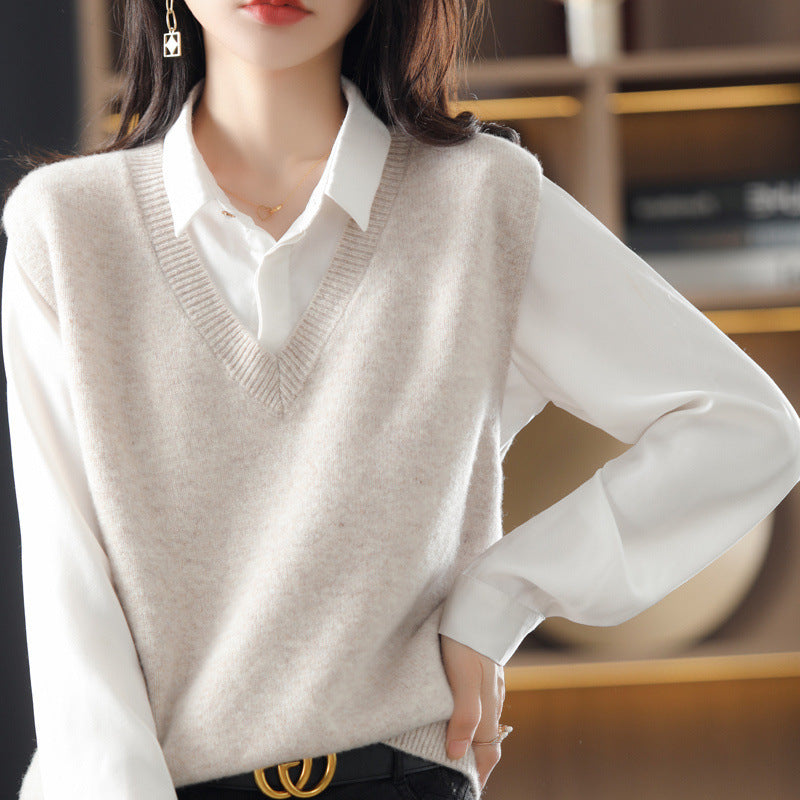 Damen Ärmellose Strickweste mit V-Ausschnitt und Feiner Textur EB