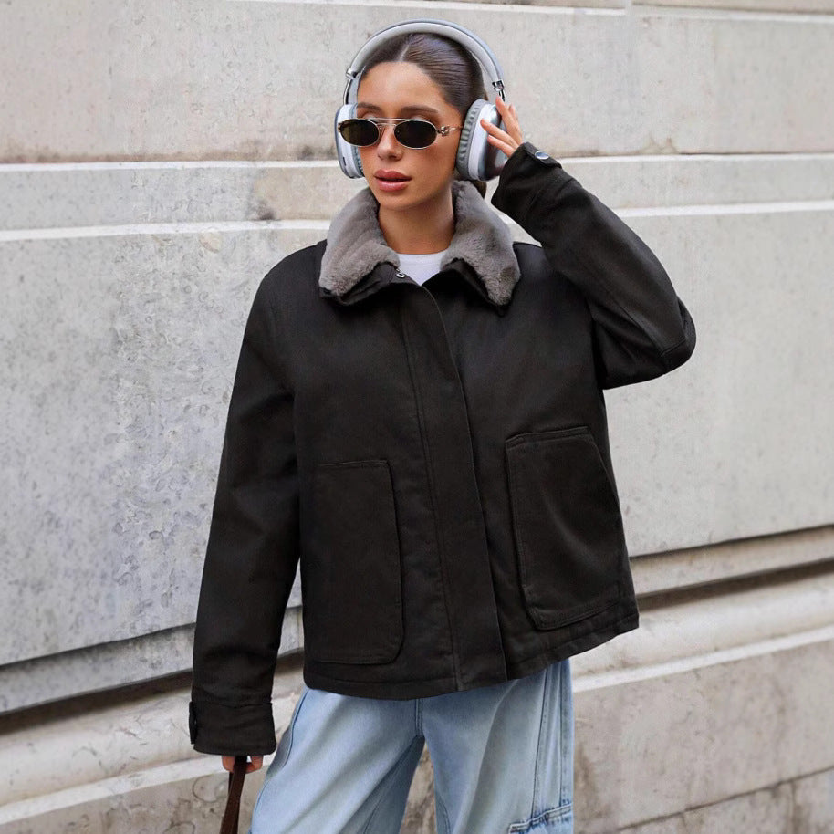 Damen lässige Übergangsjacke mit Kunstfellkragen und praktischen Taschen EB